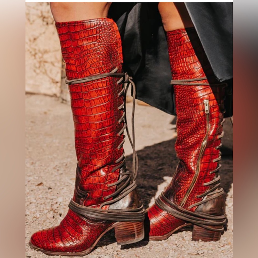 Freebird Coal Red Croco Lace-up Boots